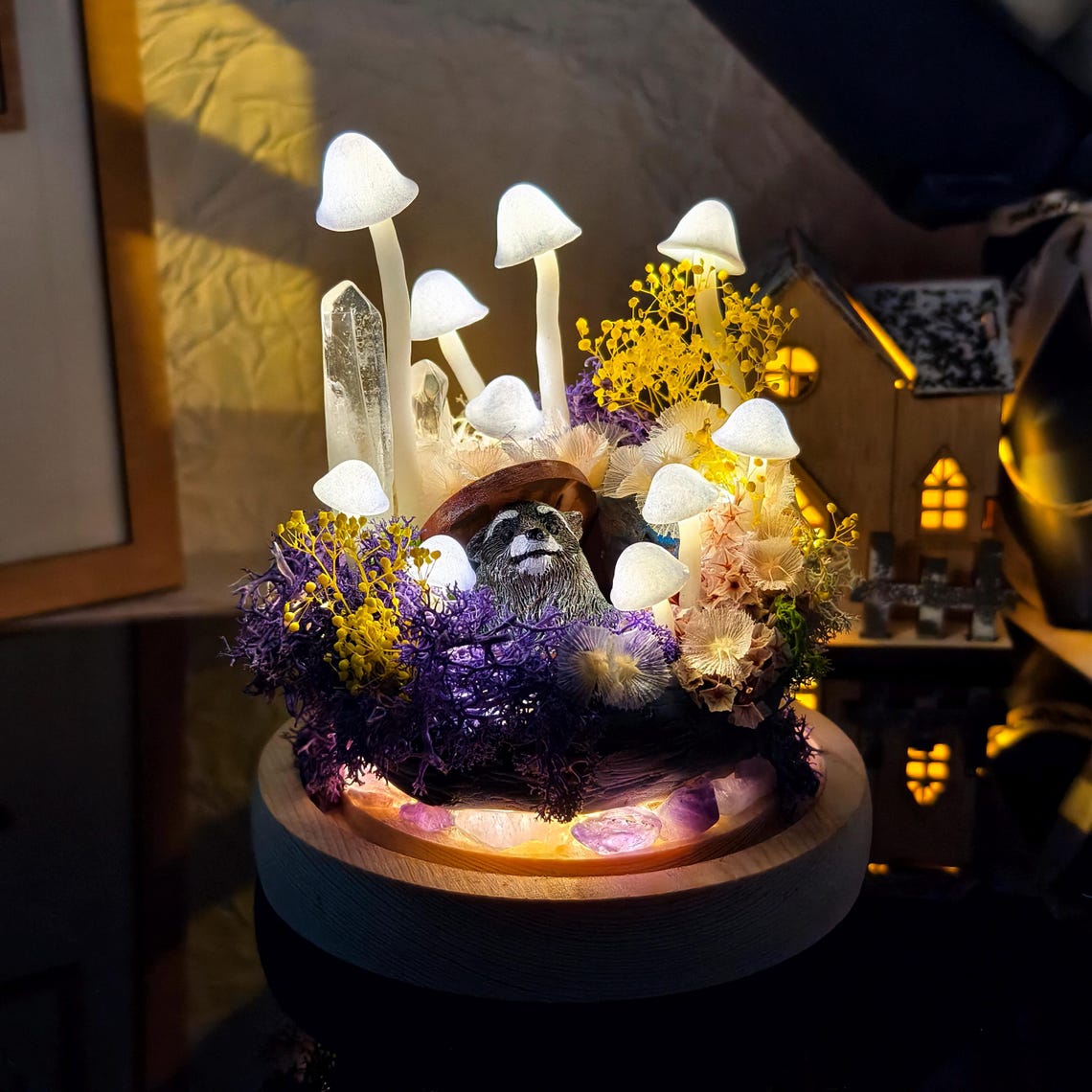 Custom Pet Figurine Mushroom Lamp with Raccoon Christmas Gift For Pet Lovers Unique Home Decor