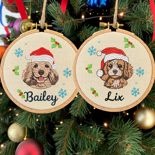 Embroidered Pet Face Portrait Christmas Ornament with Santa Hat and Name Custom Christmas Gift For Dog Cat Owners
