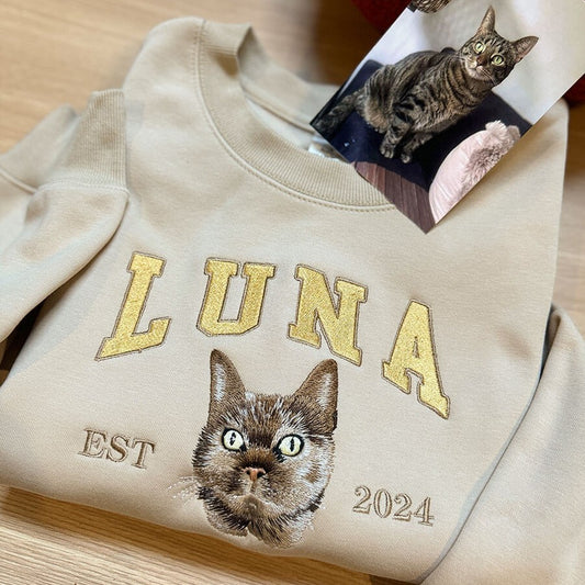Custom Embroidered Pet Cat Portrait Photo Sweatshirt Hoodie Keepsake Gift for Pet Lovers