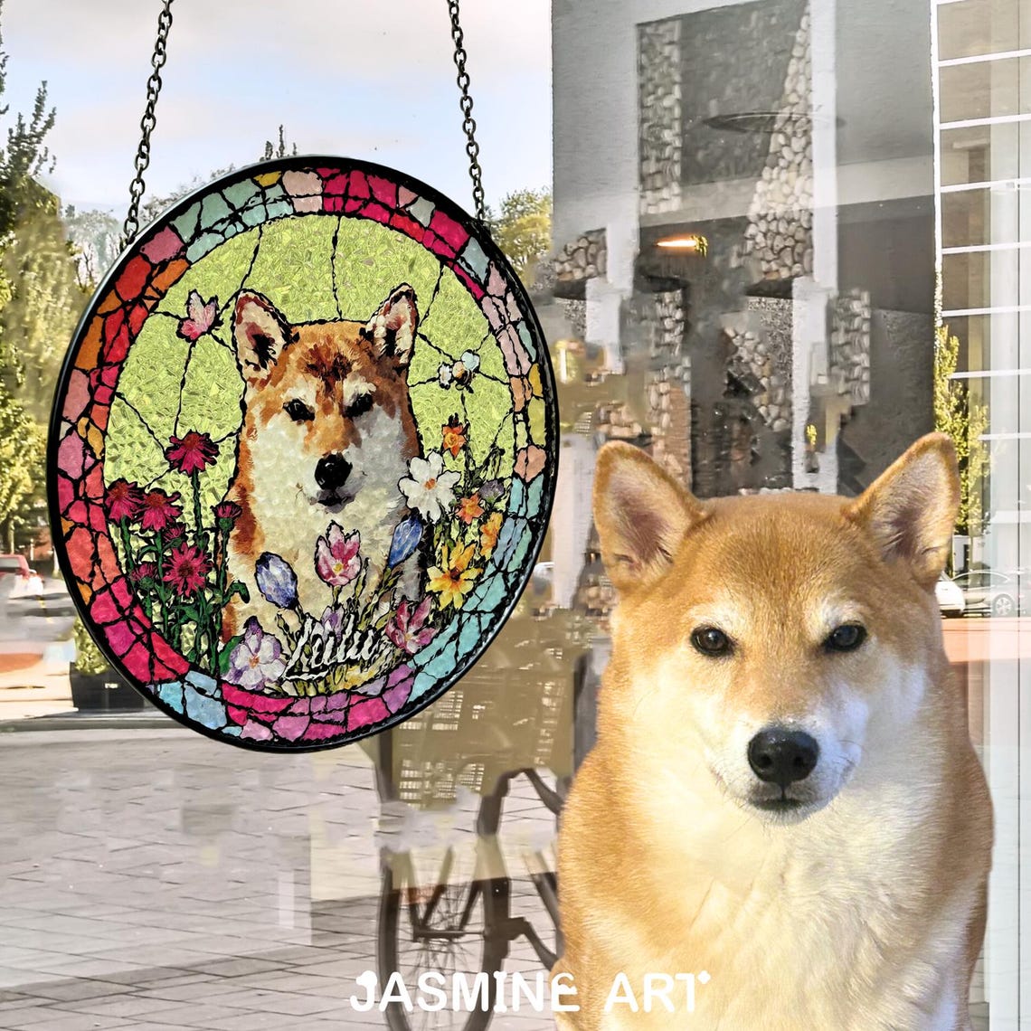 Custom Pet Portrait Suncatcher Personalized Stained Glass Window Hanging Memorial Gift for Pet Lovers
