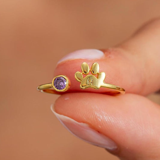 Custom Engraved Initial Paw Birthstone Ring Christmas Pet Memorial Gift for Dog Cat Mom