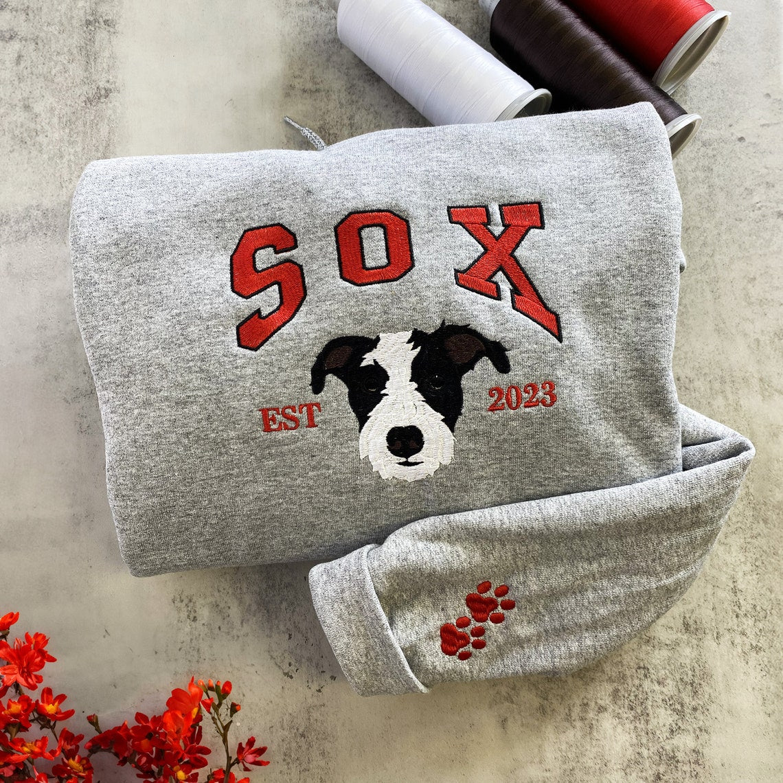 Embroidered Pet Portrait EST Sweatshirt Custom Puppy Face and Name Hoodie Pet Sympathy Dog Memorial Gifts for Dog Lovers