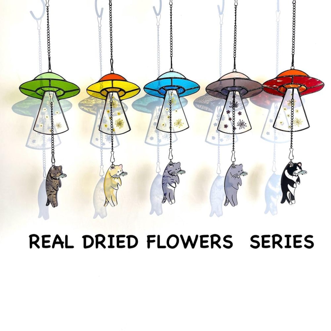 Custom Stained Glass Cat UFO Spaceship Suncatcher Pressed Flower Alien Encounter Mobile Birthday Christmas Gift For Cat Pet Lovers