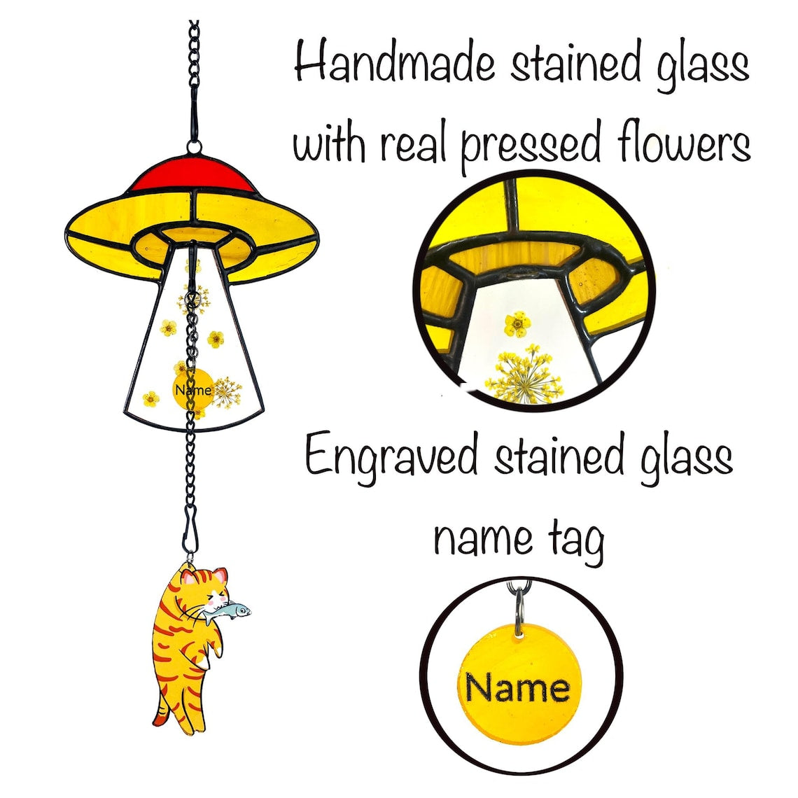 Custom Stained Glass Cat UFO Spaceship Suncatcher Pressed Flower Alien Encounter Mobile Birthday Christmas Gift For Cat Pet Lovers