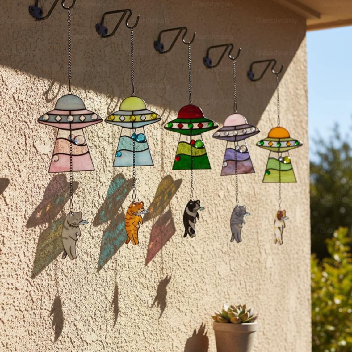 Custom Stained Glass Cat UFO Spaceship Suncatcher Pressed Flower Alien Encounter Mobile Birthday Christmas Gift For Cat Pet Lovers