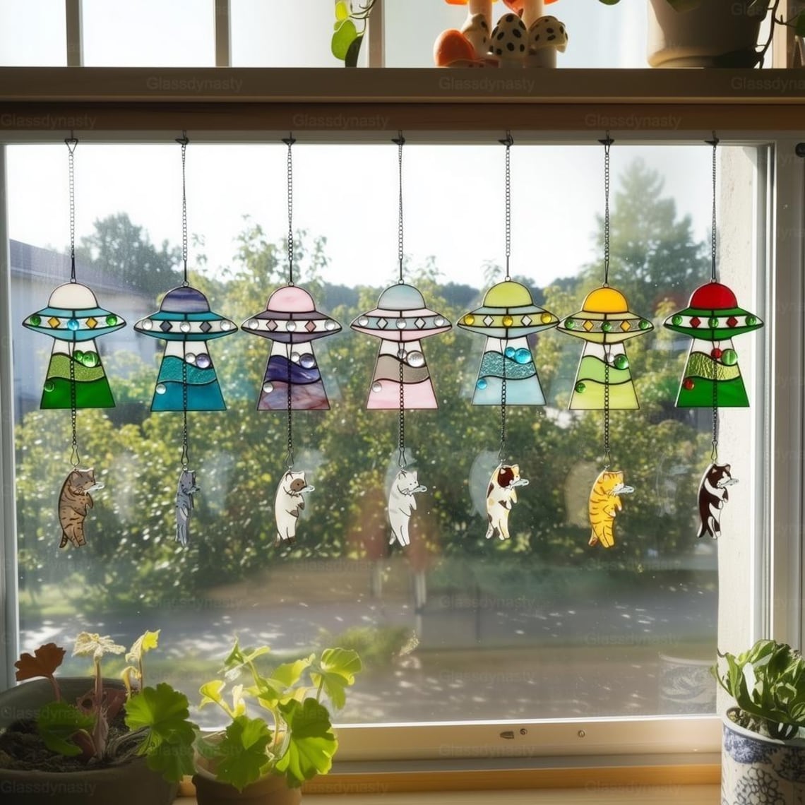 Custom Stained Glass Cat UFO Spaceship Suncatcher Pressed Flower Alien Encounter Mobile Birthday Christmas Gift For Cat Pet Lovers