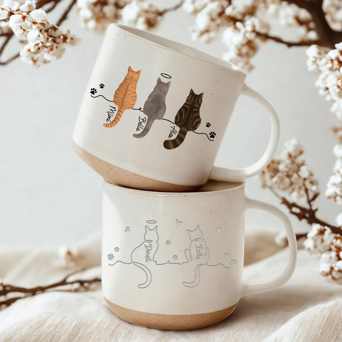 Personalized Dog & Cat Mug – Custom Pet Memorial Gift|Cat Lover & Pet Mom Coffee Pottery Mug with Line Art Design Christmas Gift