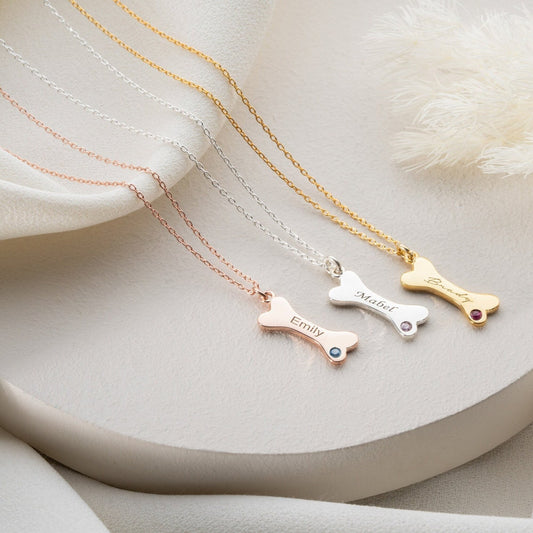 Personalized Dog Bone Shaped Necklace with Name Birthstone Unique Birthday Memorial Gift For Pet Lovers