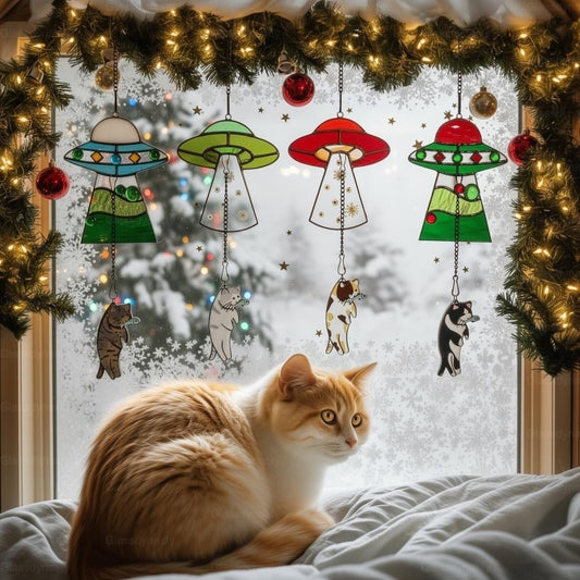 Custom Stained Glass Cat UFO Spaceship Suncatcher Pressed Flower Alien Encounter Mobile Birthday Christmas Gift For Cat Pet Lovers