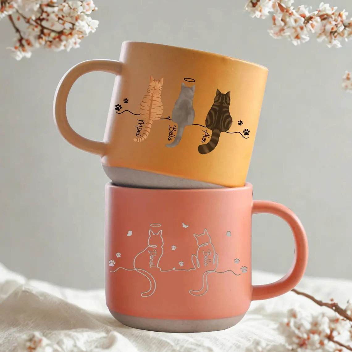 Personalized Dog & Cat Mug – Custom Pet Memorial Gift|Cat Lover & Pet Mom Coffee Pottery Mug with Line Art Design Christmas Gift