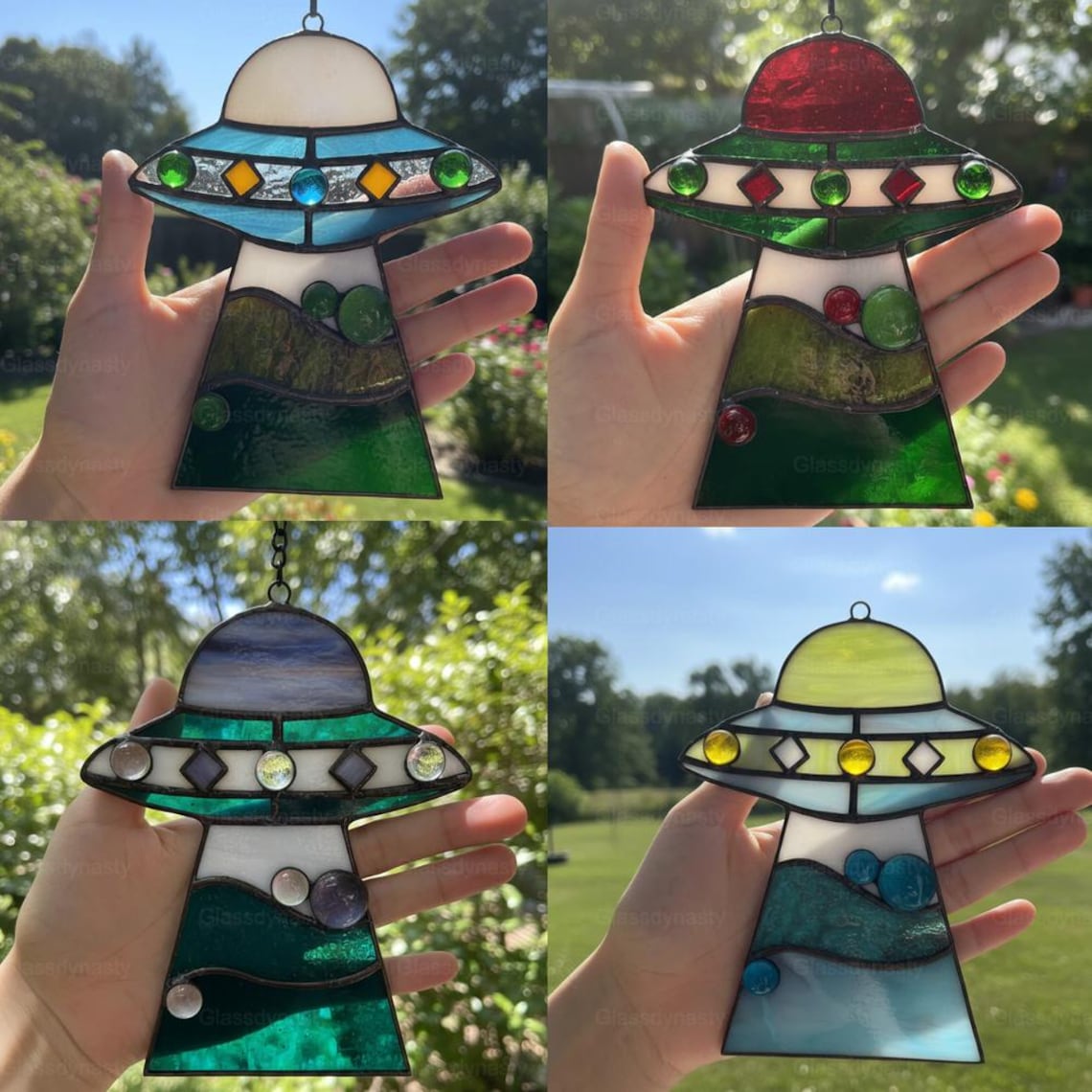 Custom Stained Glass Cat UFO Spaceship Suncatcher Pressed Flower Alien Encounter Mobile Birthday Christmas Gift For Cat Pet Lovers