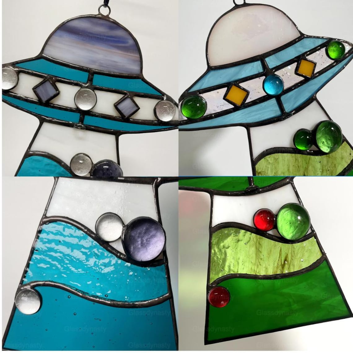 Custom Stained Glass Cat UFO Spaceship Suncatcher Pressed Flower Alien Encounter Mobile Birthday Christmas Gift For Cat Pet Lovers