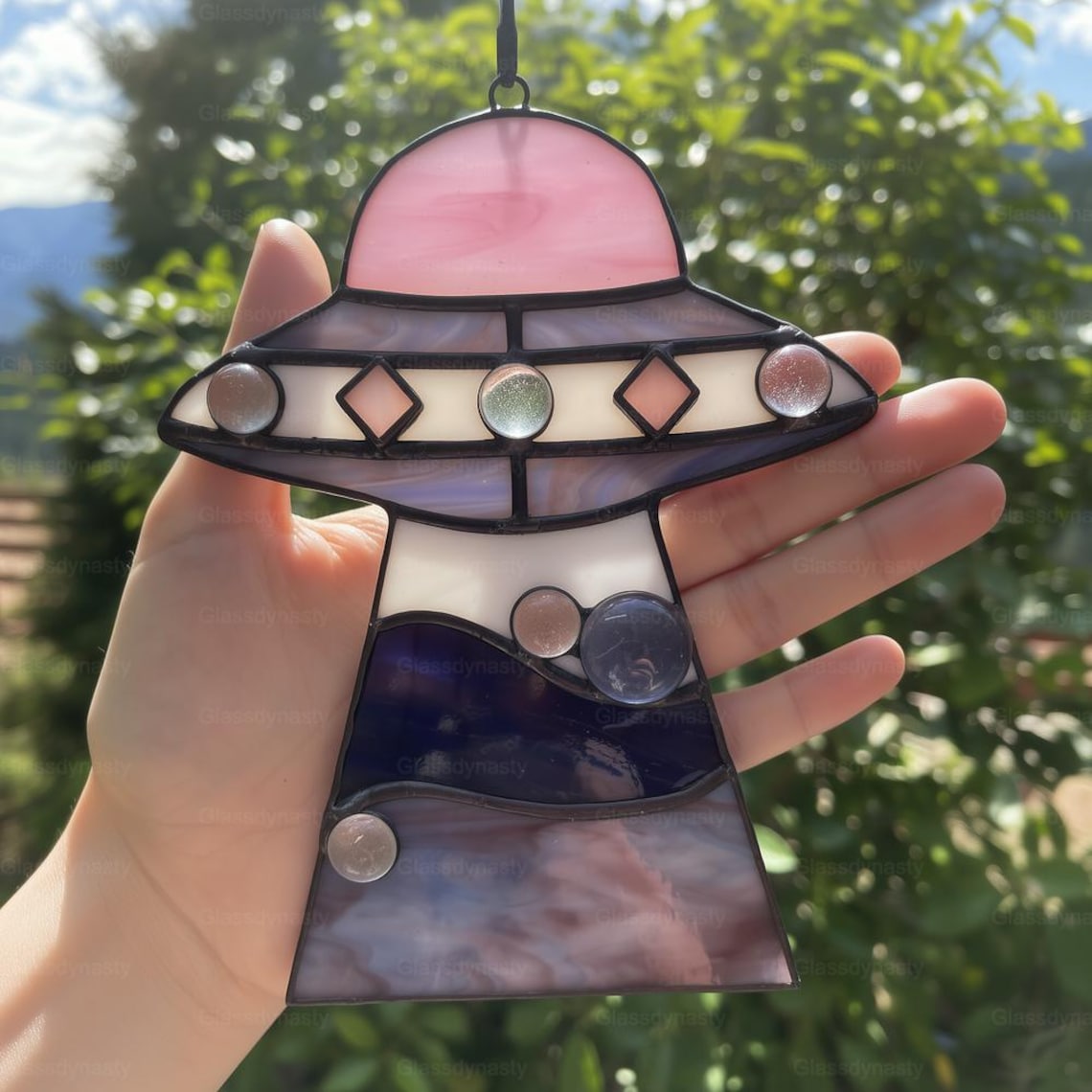 Custom Stained Glass Cat UFO Spaceship Suncatcher Pressed Flower Alien Encounter Mobile Birthday Christmas Gift For Cat Pet Lovers