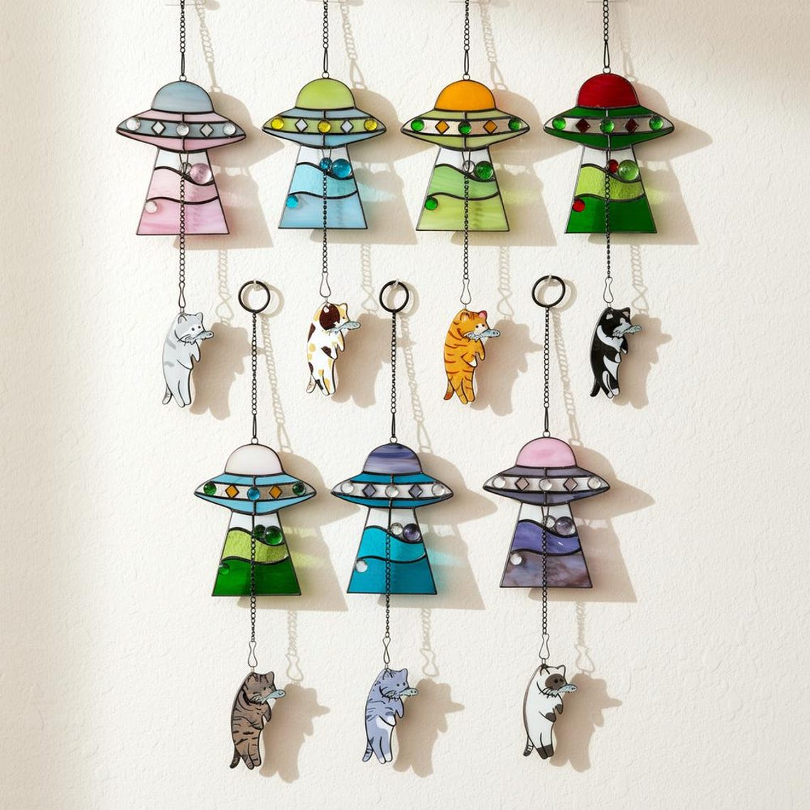 Custom Stained Glass Cat UFO Spaceship Suncatcher Pressed Flower Alien Encounter Mobile Birthday Christmas Gift For Cat Pet Lovers