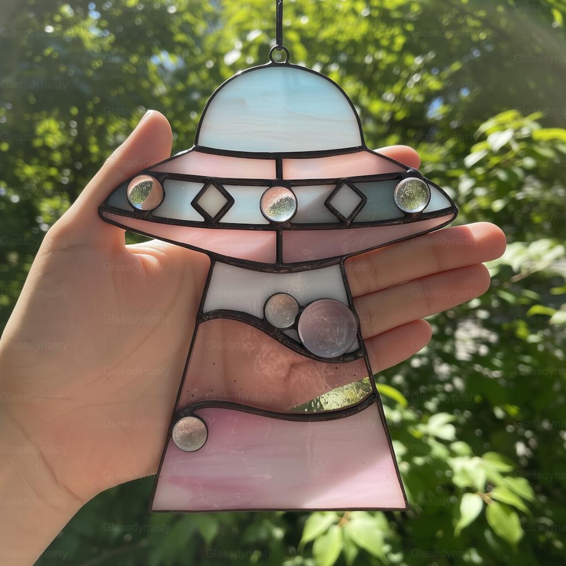 Custom Stained Glass Cat UFO Spaceship Suncatcher Pressed Flower Alien Encounter Mobile Birthday Christmas Gift For Cat Pet Lovers