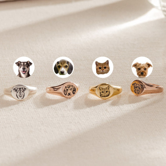 Custom Engraved Pet Portrait Photo Signet Ring Christmas Keepsake Gift For Dog Cat Mom