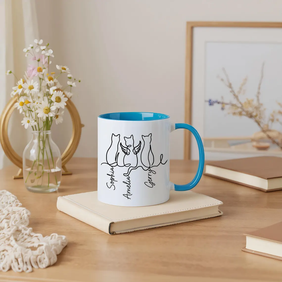 Personalized Dog & Cat Mug – Custom Cat Memorial Gift|Cat Lover & Cat Mom Coffee Pottery Mug with Line Art Design Christmas Gift