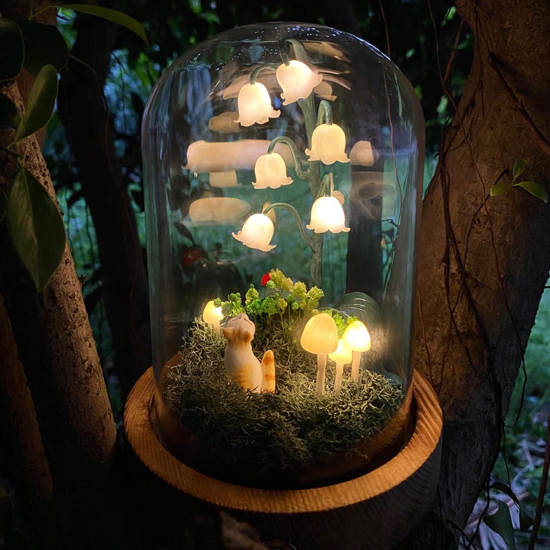 Handmade Lily of the Valley Mushroom Lamp Custom Pet Figurines Cat and Lilies Birth Flower Light Birthday Christmas Gift for Pet Lovers