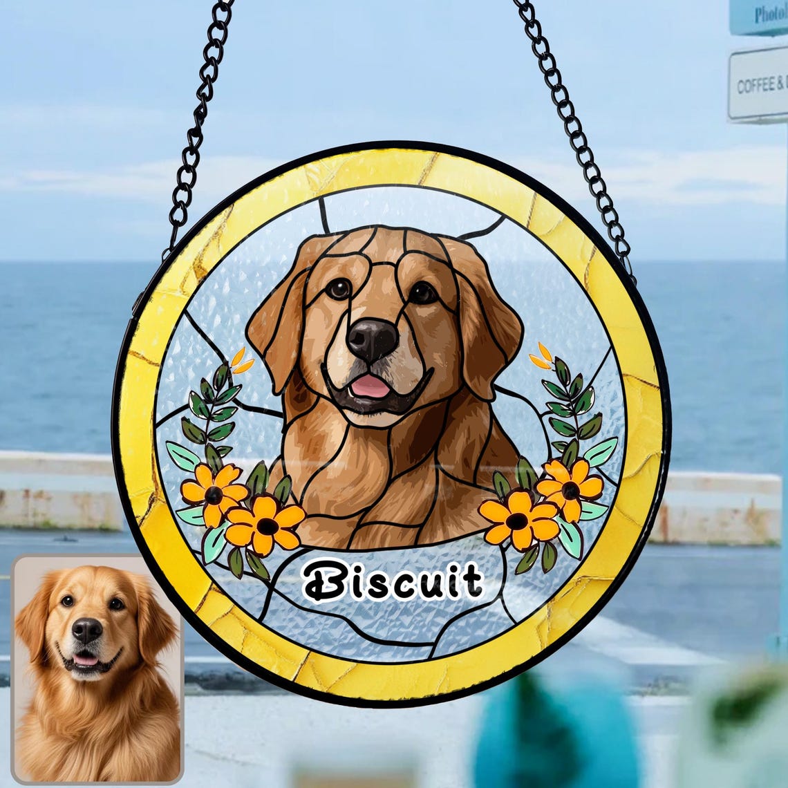 Custom Pet Stained Glass Suncatcher with Photo and Name – Keepsake Gift for Dog & Cat Owners