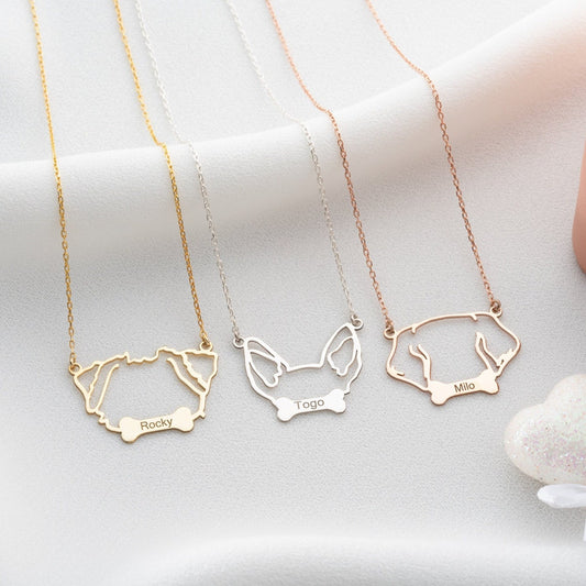 Personalized Pet Ear Necklace with Name & Bone – Custom Memorial Jewelry for Dog & Cat Lovers
