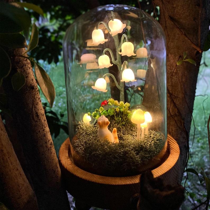 Handmade Lily of the Valley Mushroom Lamp Custom Pet Figurines Cat and Lilies Birth Flower Light Birthday Christmas Gift for Pet Lovers