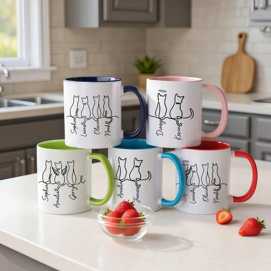 Personalized Dog & Cat Mug – Custom Cat Memorial Gift|Cat Lover & Cat Mom Coffee Pottery Mug with Line Art Design Christmas Gift