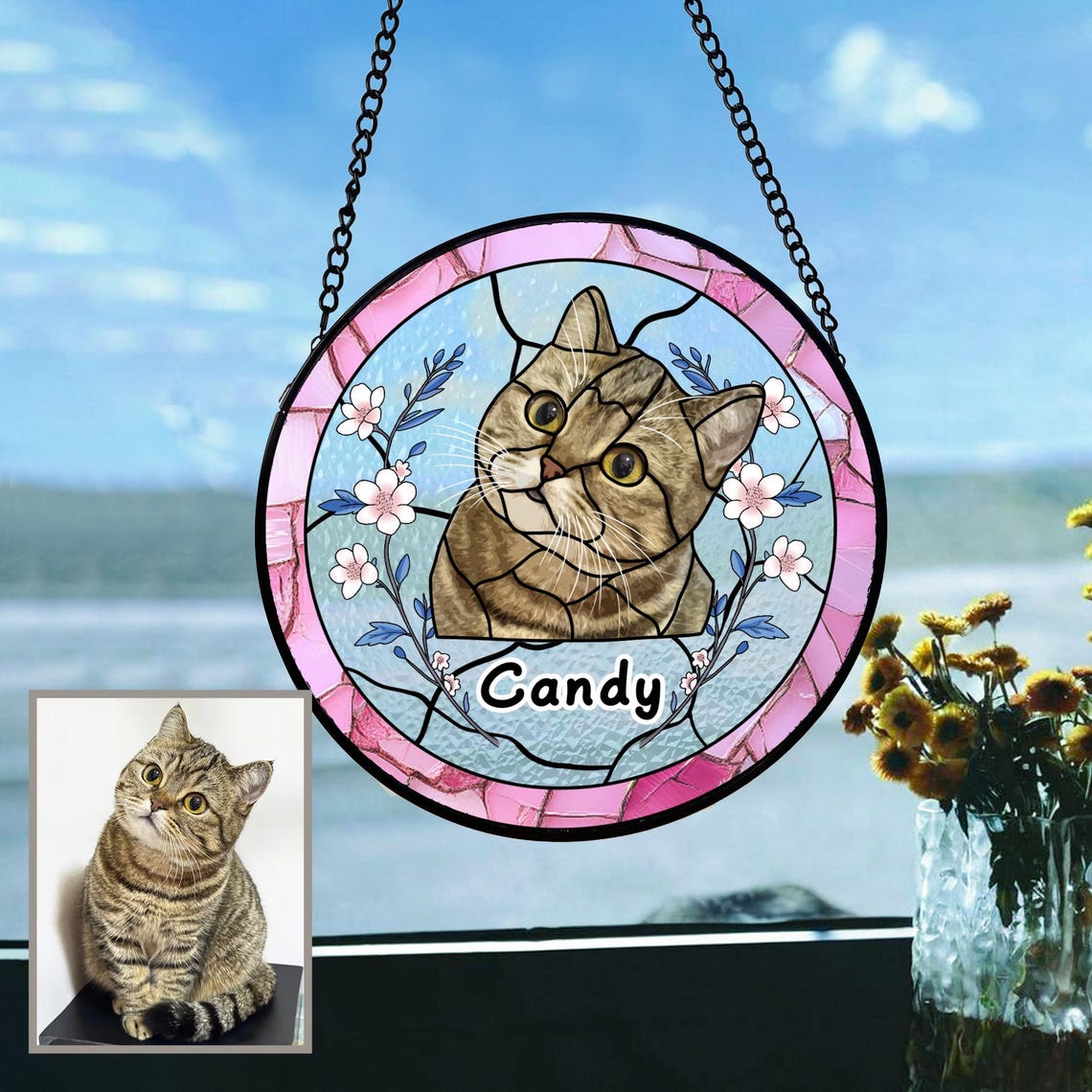 Custom Pet Stained Glass Suncatcher with Photo and Name – Keepsake Gift for Dog & Cat Owners