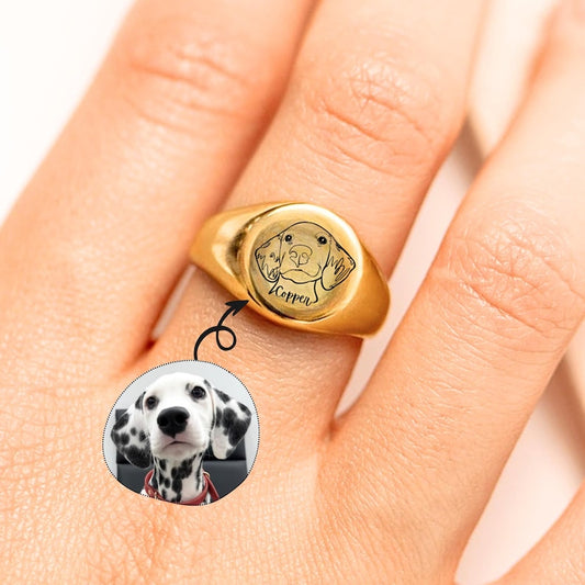 Custom Engraved Pet Portrait Photo Signet Ring Christmas Keepsake Gift For Dog Cat Mom