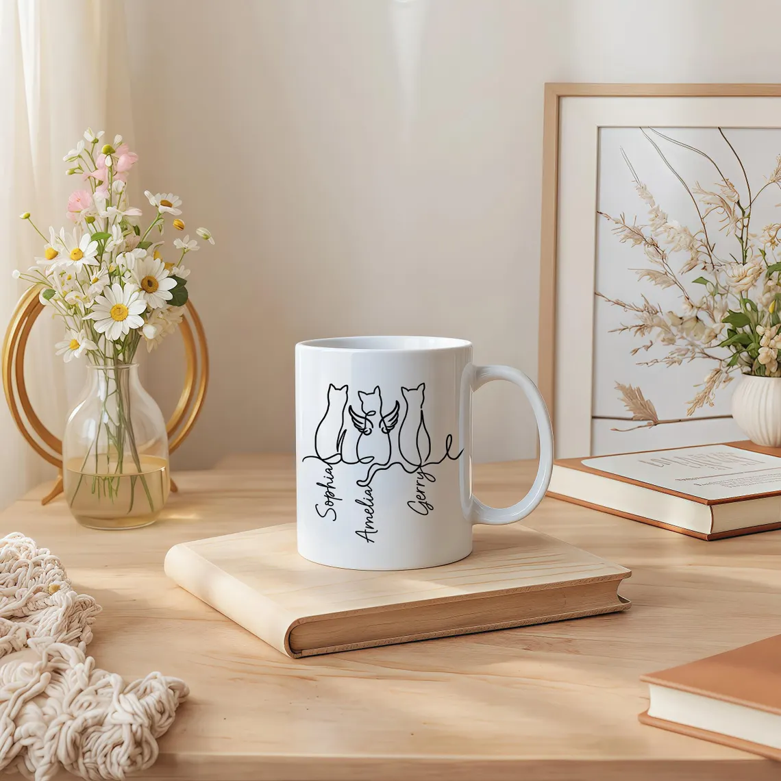 Personalized Dog & Cat Mug – Custom Cat Memorial Gift|Cat Lover & Cat Mom Coffee Pottery Mug with Line Art Design Christmas Gift