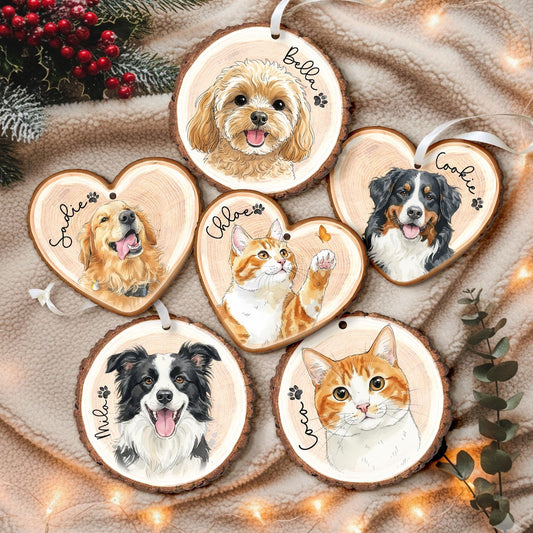 Personalized Watercolor Pet Portrait Wooden Christmas Ornament Christmas Gift for Dog Cat Lovers
