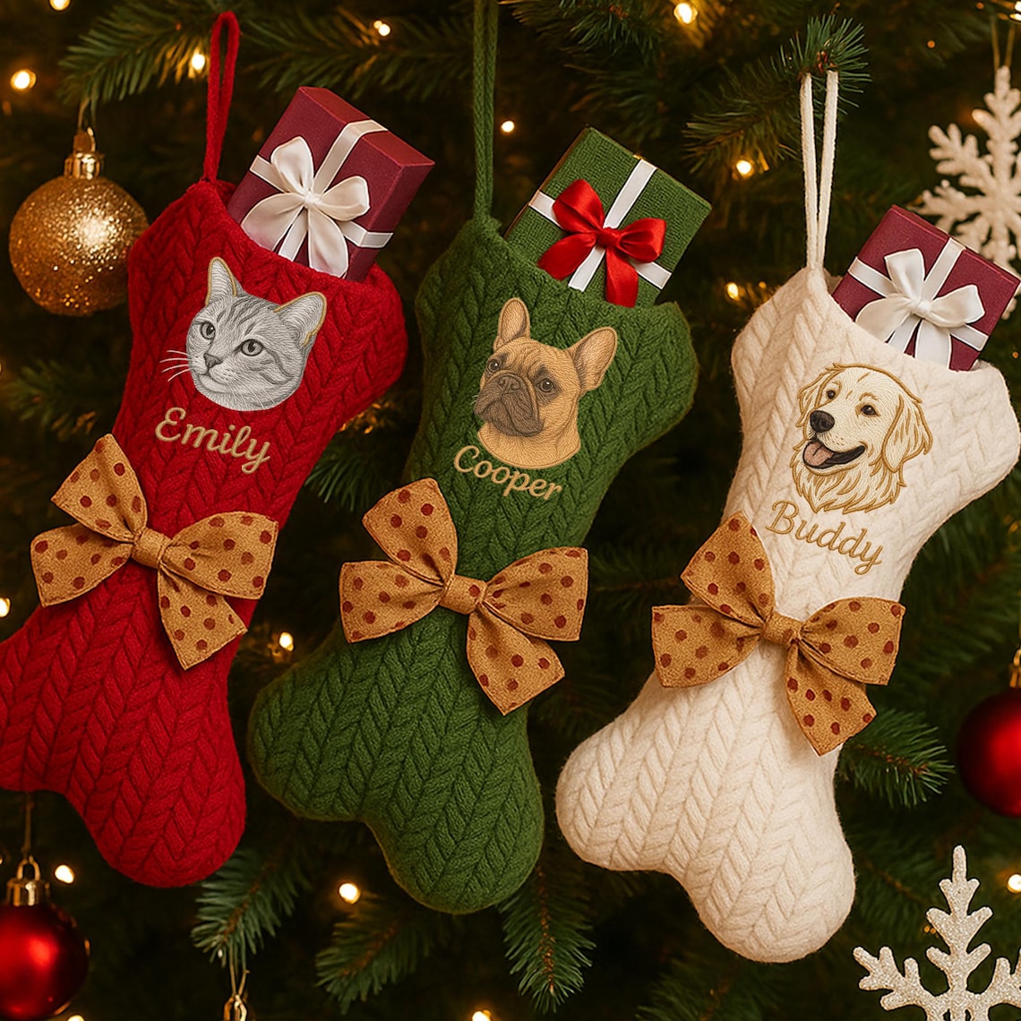 Personalized Pet Portrait Christmas Stocking | Custom Dog Bone Knit Stocking with Embroidered Pet Face & Name | Holiday Gift for Dogs Cats