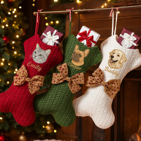 Personalized Pet Portrait Christmas Stocking | Custom Dog Bone Knit Stocking with Embroidered Pet Face & Name | Holiday Gift for Dogs Cats