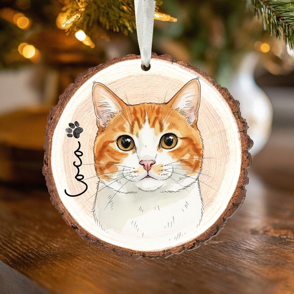 Personalized Watercolor Pet Portrait Wooden Christmas Ornament Christmas Gift for Dog Cat Lovers