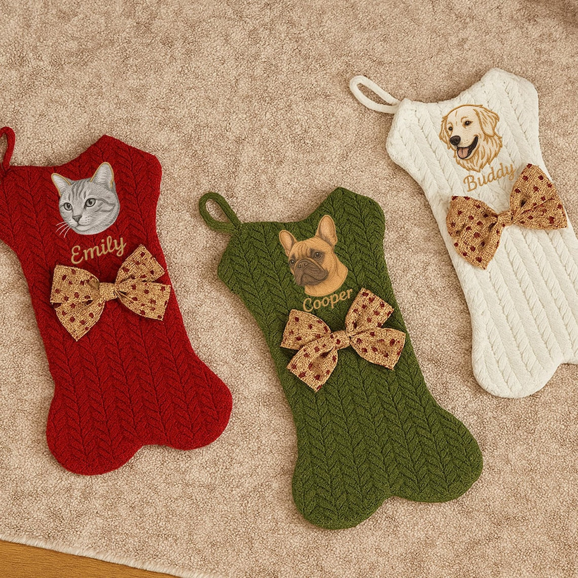 Personalized Pet Portrait Christmas Stocking | Custom Dog Bone Knit Stocking with Embroidered Pet Face & Name | Holiday Gift for Dogs Cats
