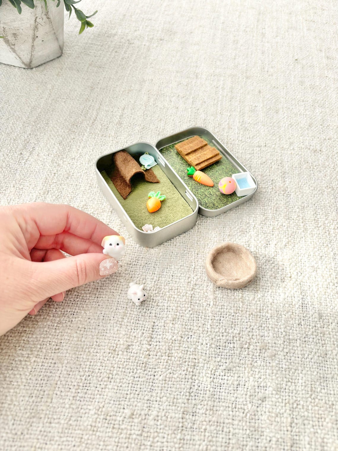 Miniature Bunny Pocket Pet Playset In A Tin Case Travel Toy for Kids Christmas Gift for Pet Lovers