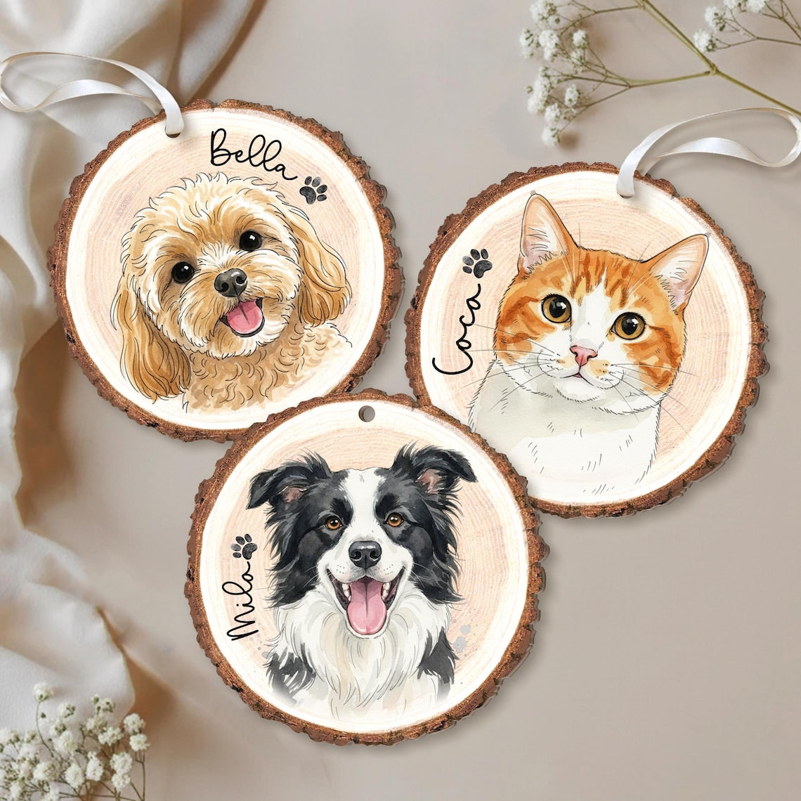 Personalized Watercolor Pet Portrait Wooden Christmas Ornament Christmas Gift for Dog Cat Lovers