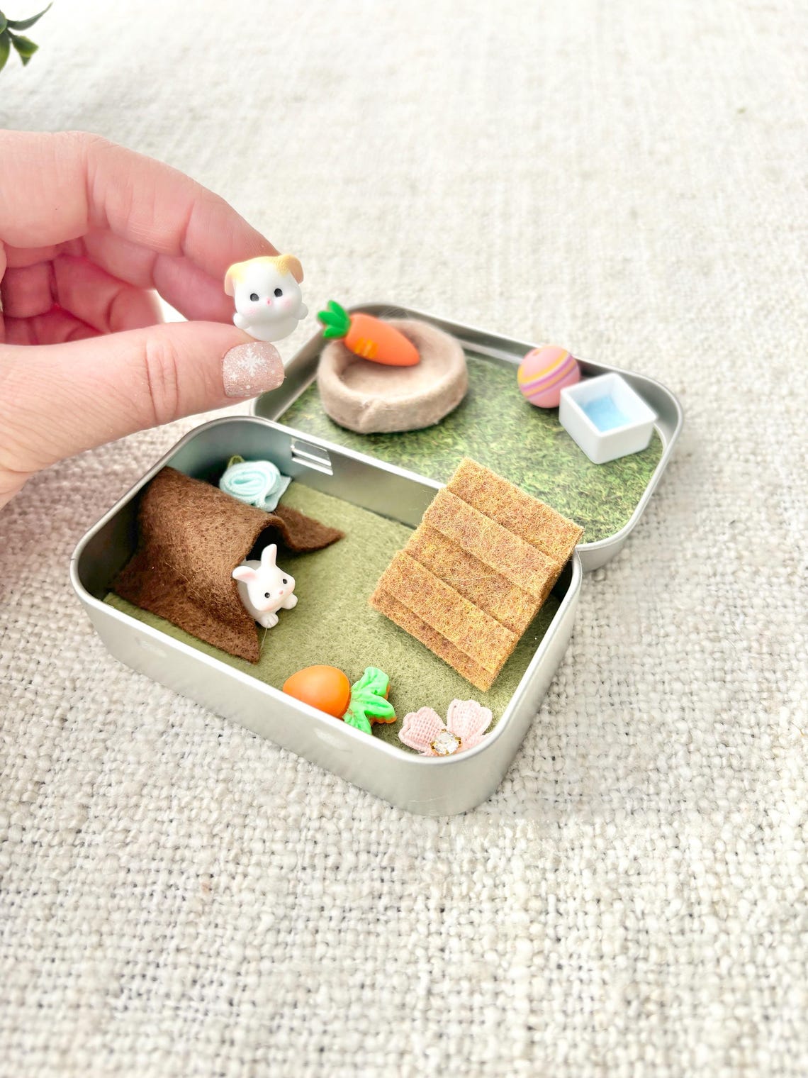 Miniature Bunny Pocket Pet Playset In A Tin Case Travel Toy for Kids Christmas Gift for Pet Lovers