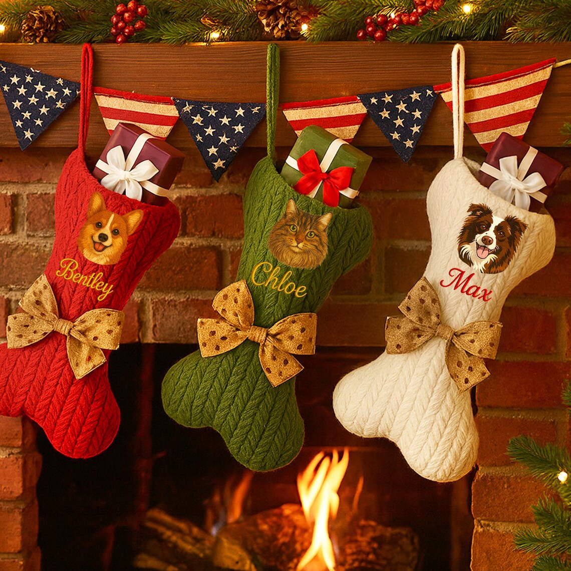 Personalized Pet Portrait Christmas Stocking | Custom Dog Bone Knit Stocking with Embroidered Pet Face & Name | Holiday Gift for Dogs Cats