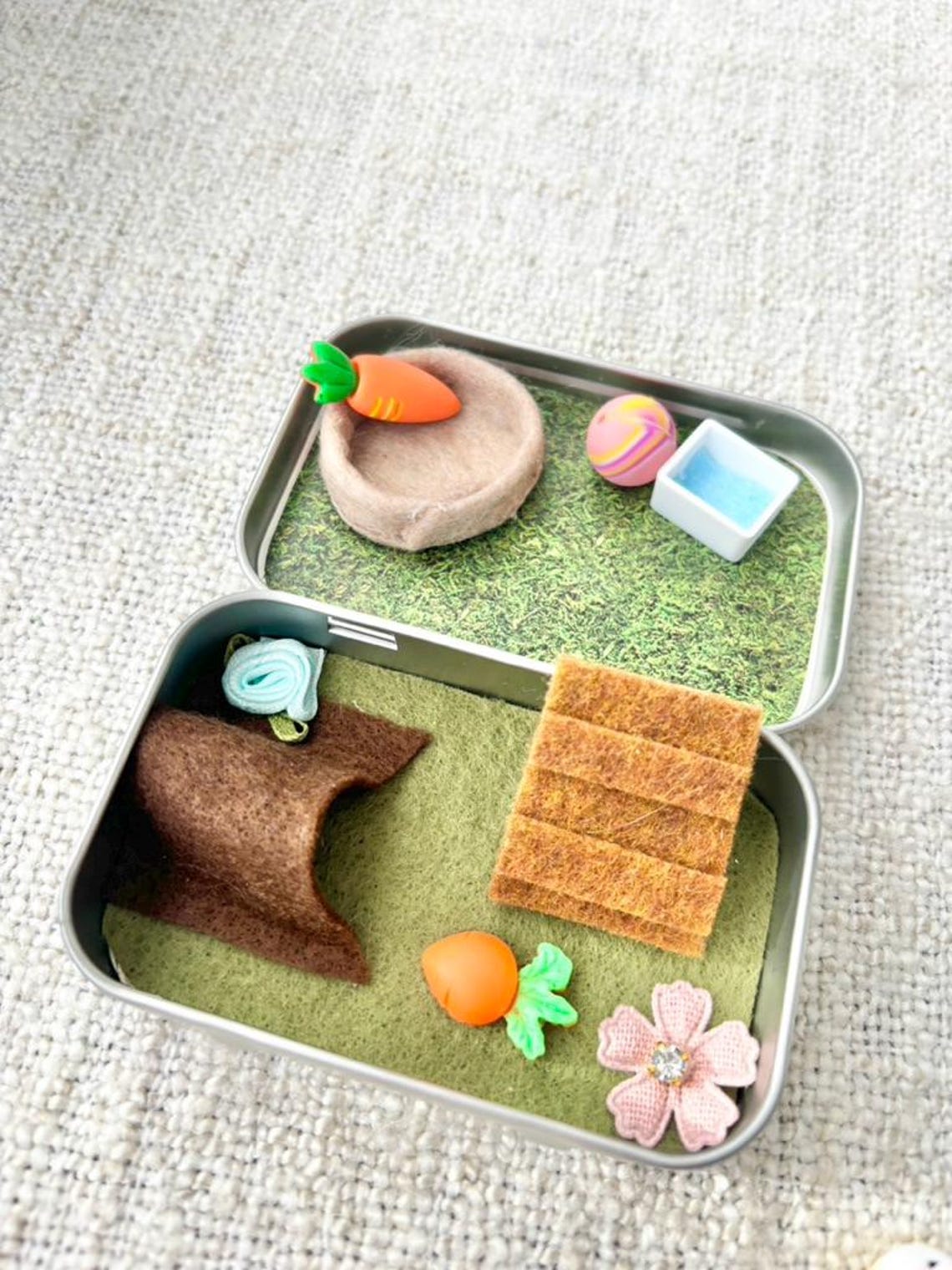 Miniature Bunny Pocket Pet Playset In A Tin Case Travel Toy for Kids Christmas Gift for Pet Lovers