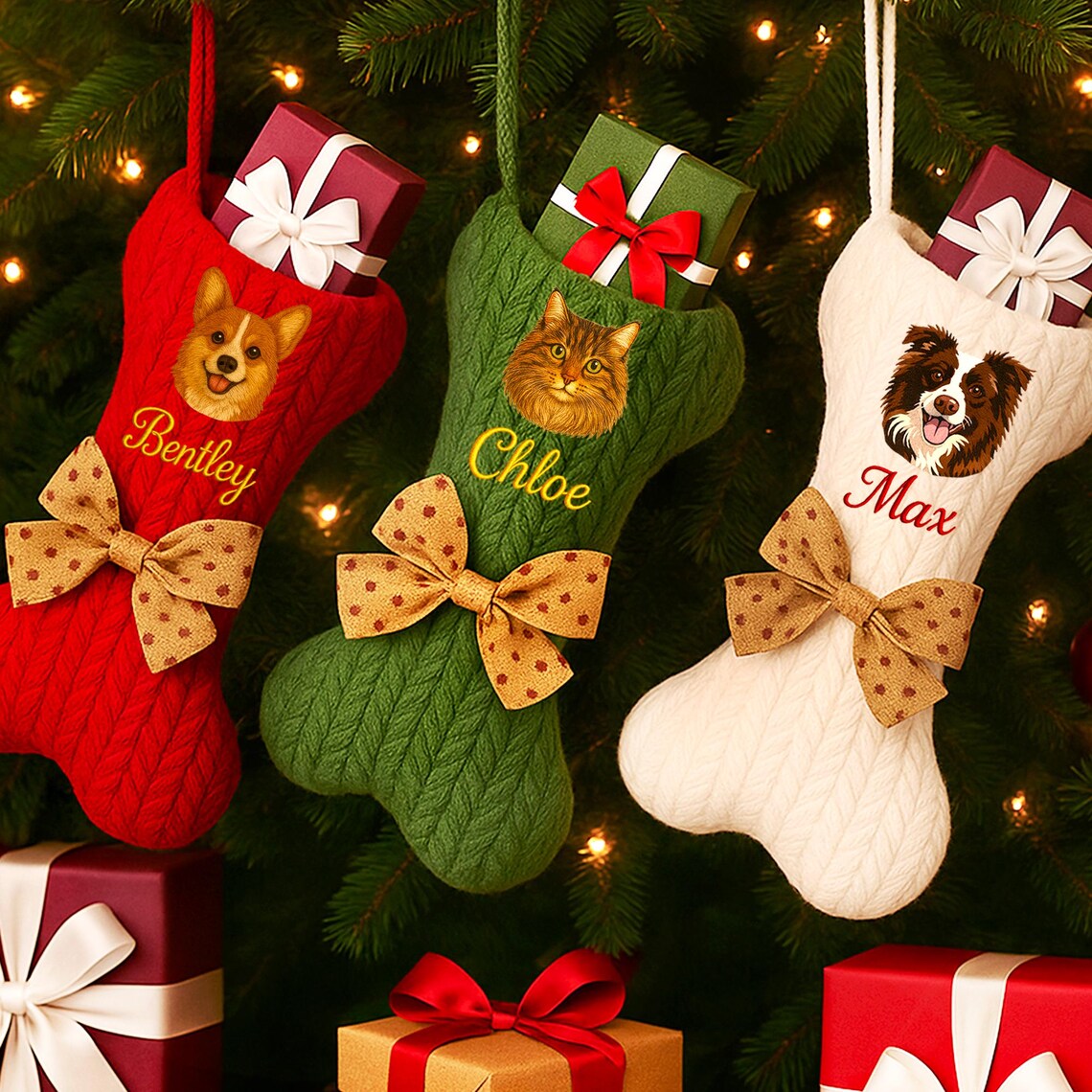 Personalized Pet Portrait Christmas Stocking | Custom Dog Bone Knit Stocking with Embroidered Pet Face & Name | Holiday Gift for Dogs Cats