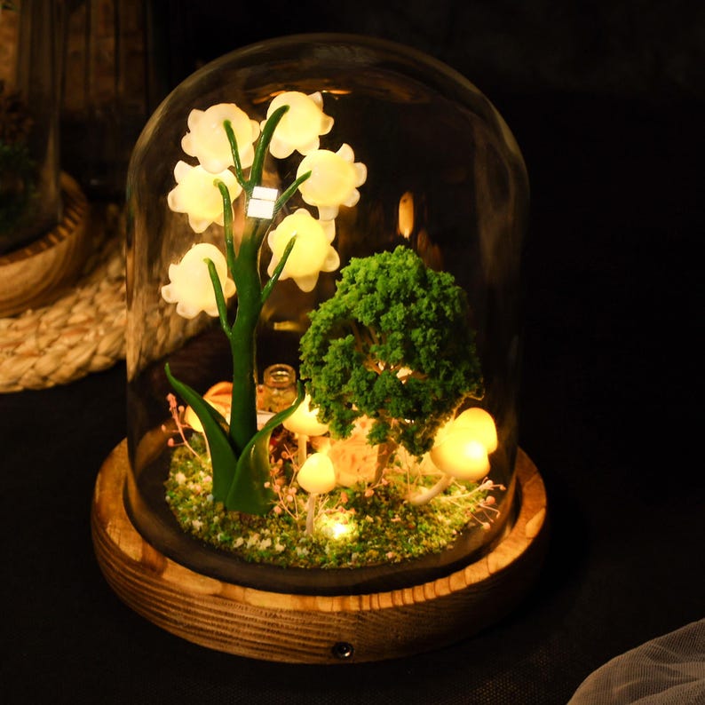 Lily of the Valley Mushroom Lamp with Custom Pet Figurine Christmas Gift For Pet Lovers Unique Home Decor