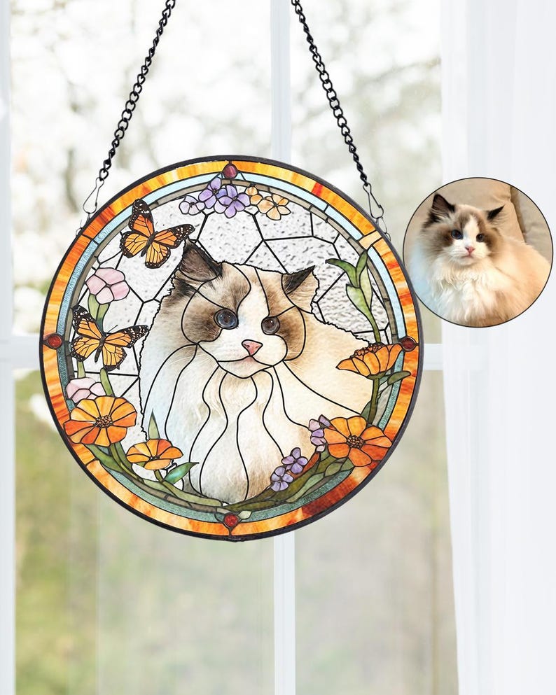 Custom Pet Portrait Stained Glass Suncatcher – Dog or Cat Memorial Gift