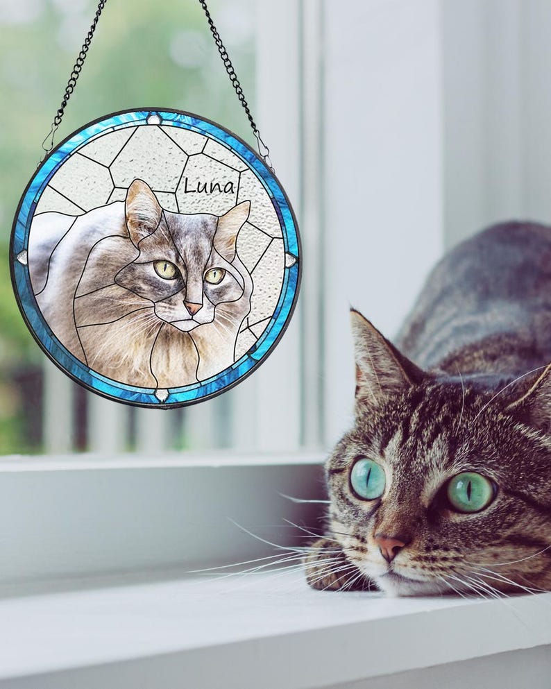 Custom Pet Portrait Stained Glass Suncatcher – Dog or Cat Memorial Gift