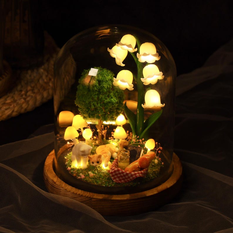 Lily of the Valley Mushroom Lamp with Custom Pet Figurine Christmas Gift For Pet Lovers Unique Home Decor