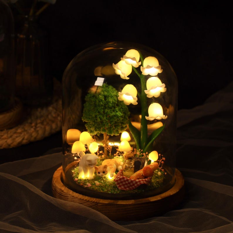 Lily of the Valley Mushroom Lamp with Custom Pet Figurine Christmas Gift For Pet Lovers Unique Home Decor