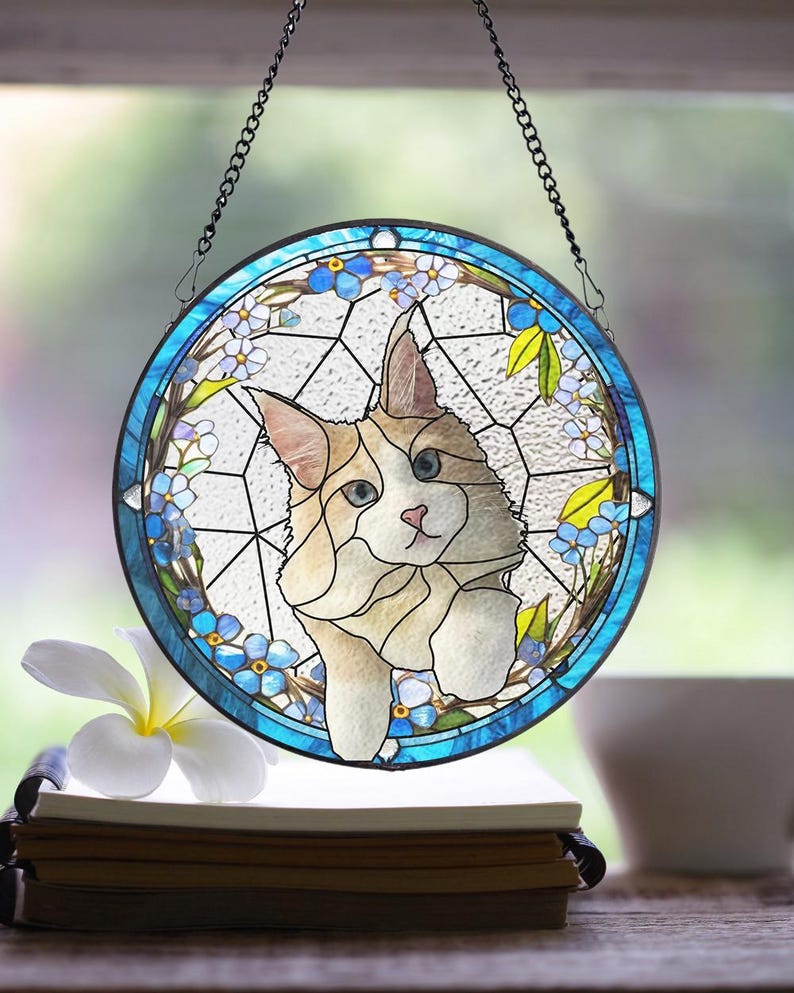Custom Pet Portrait Stained Glass Suncatcher – Dog or Cat Memorial Gift