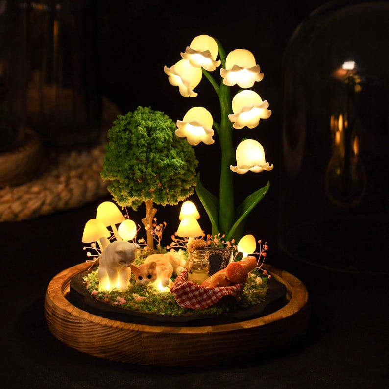 Lily of the Valley Mushroom Lamp with Custom Pet Figurine Christmas Gift For Pet Lovers Unique Home Decor