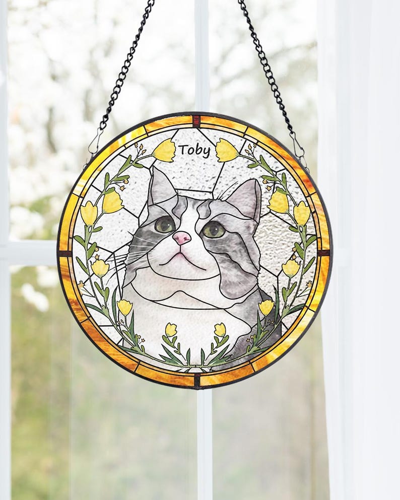 Custom Pet Portrait Stained Glass Suncatcher – Dog or Cat Memorial Gift
