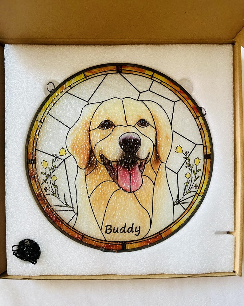 Custom Pet Portrait Stained Glass Suncatcher – Dog or Cat Memorial Gift
