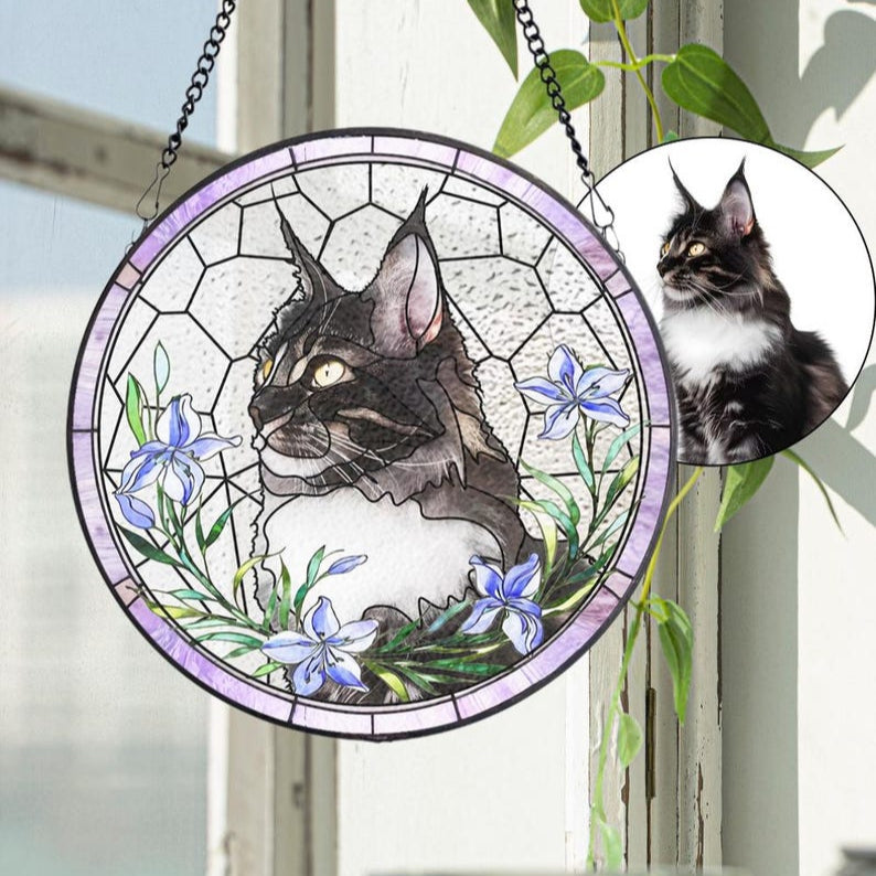 Custom Pet Portrait Stained Glass Suncatcher – Dog or Cat Memorial Gift